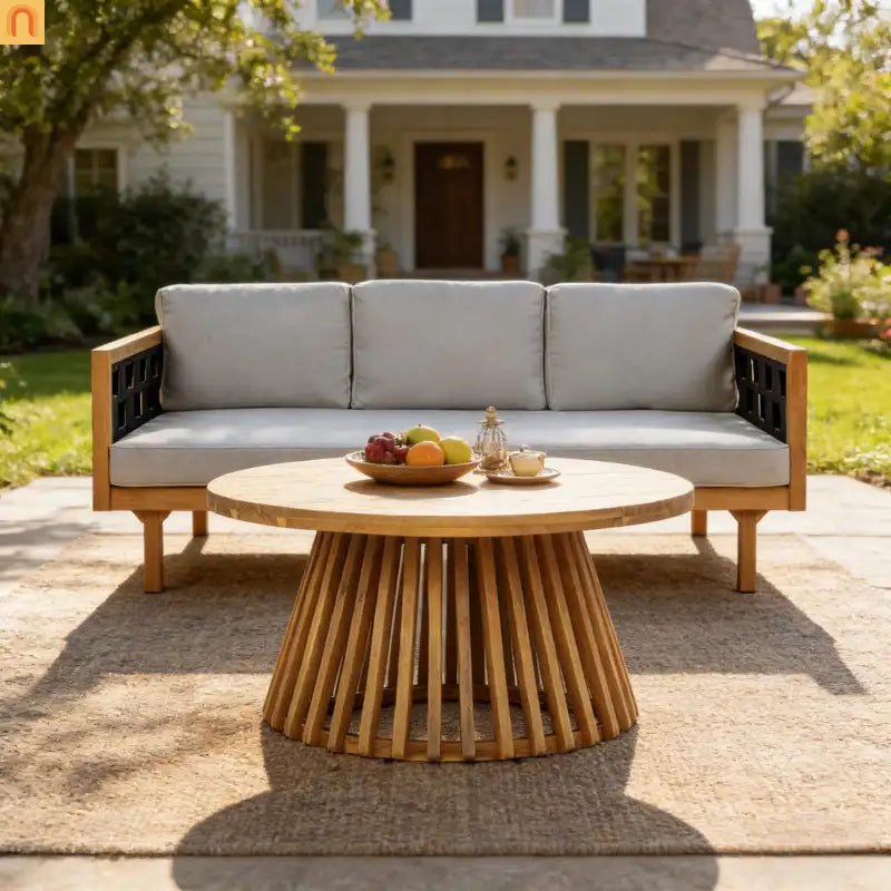 Outdoor Daybed Set 3-seater Acacia Teak Cushions Light Grey Round Side Table