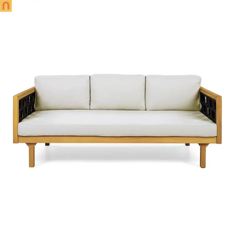 Outdoor Daybed Set 3-seater Acacia Teak Cushions Light Grey Round Side Table