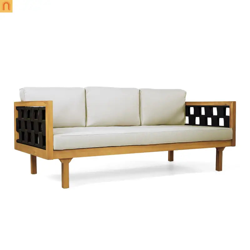Outdoor Daybed Set 3-seater Acacia Teak Cushions Light Grey Round Side Table