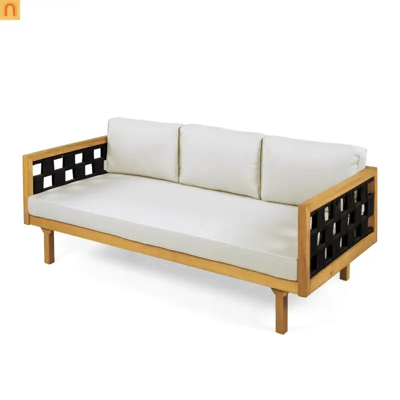 Outdoor Daybed Set 3-seater Acacia Teak Cushions Light Grey Round Side Table
