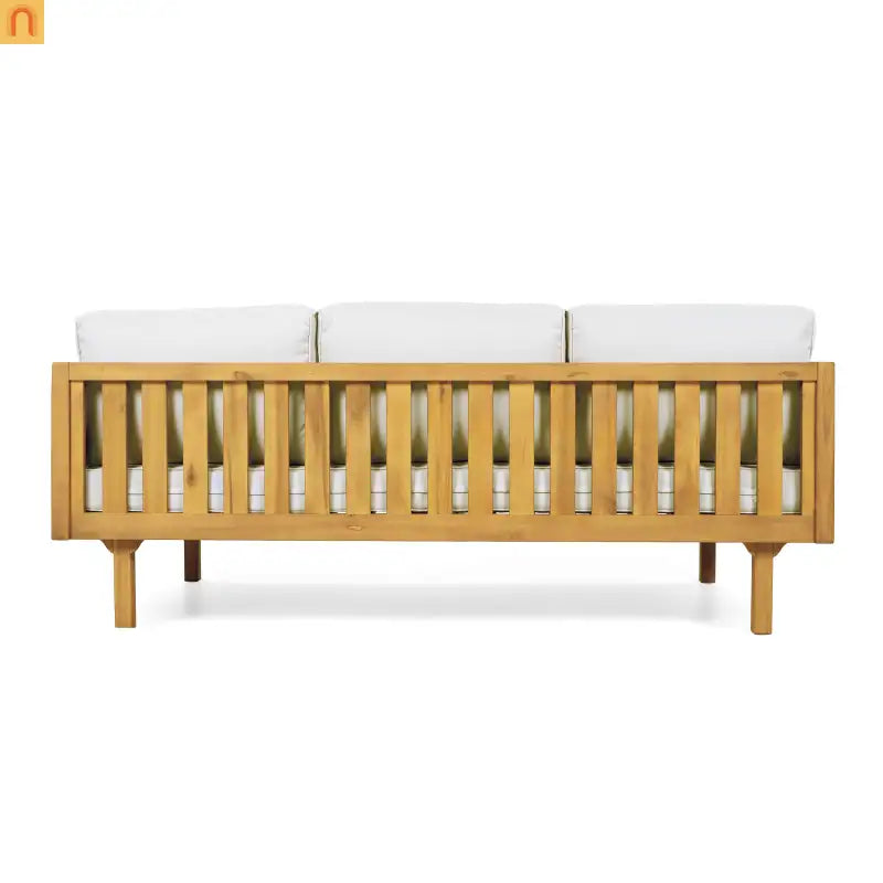 Outdoor Daybed Set 3-seater Acacia Teak Cushions Light Grey Round Side Table