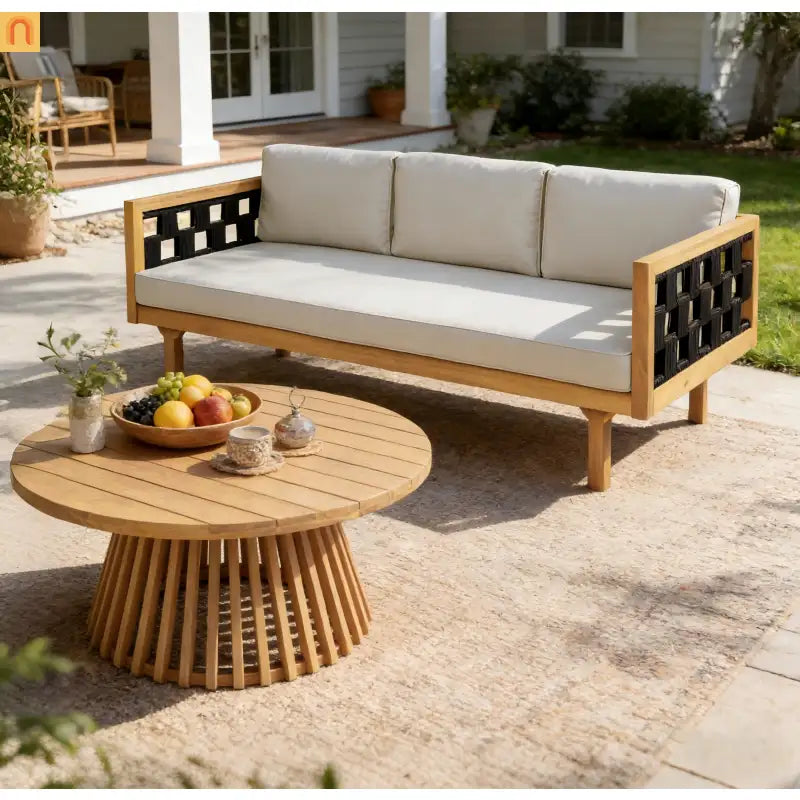 Outdoor Daybed Set 3-seater Acacia Teak Cushions Light Grey Round Side Table