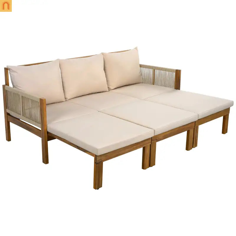 Outdoor Daybed Sofa Bed Acacia Wood Natural Brown Convertible Rope
