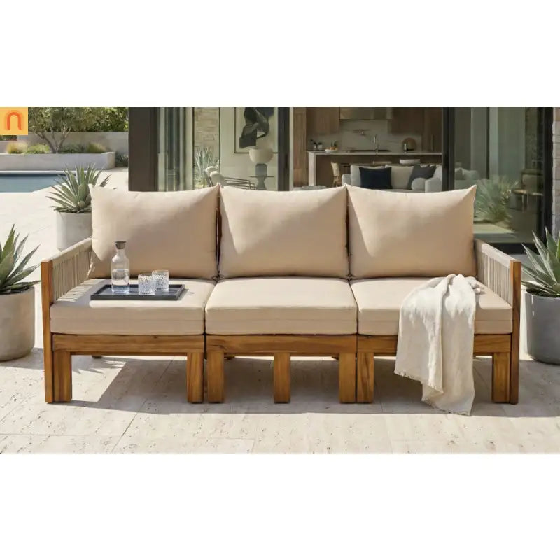 Outdoor Daybed Sofa Bed Acacia Wood Natural Brown Convertible Rope