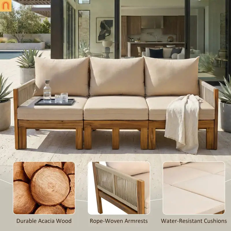 Outdoor Daybed Sofa Bed Acacia Wood Natural Brown Convertible Rope