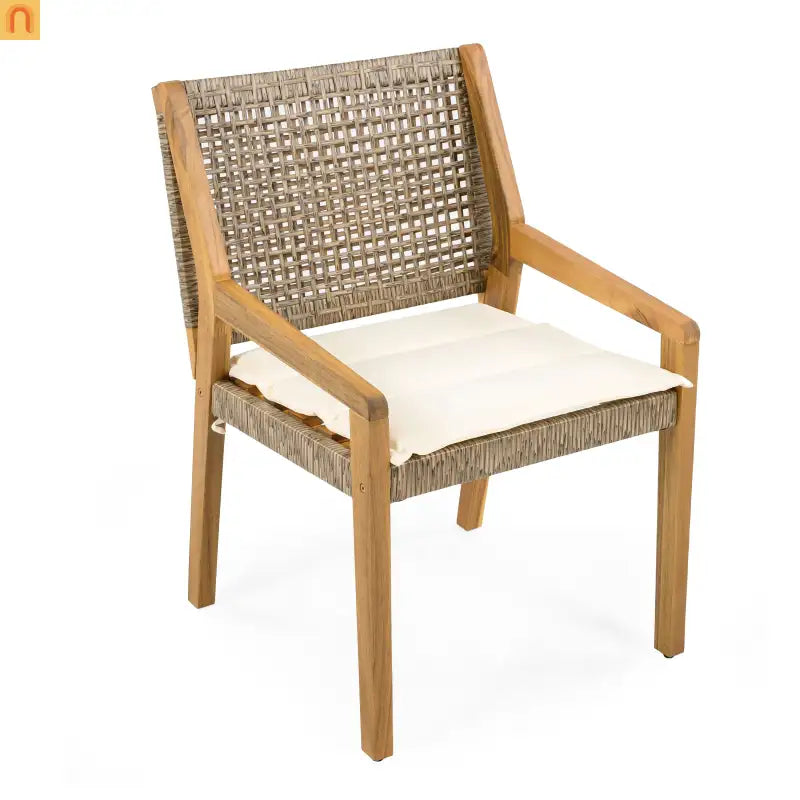 Outdoor Dining Chair Acacia Wood and Wicker Cream Cushions Teak Finish Brown