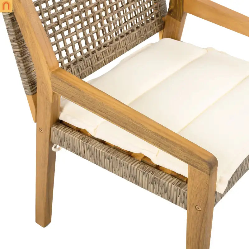 Outdoor Dining Chair Acacia Wood and Wicker Cream Cushions Teak Finish Brown