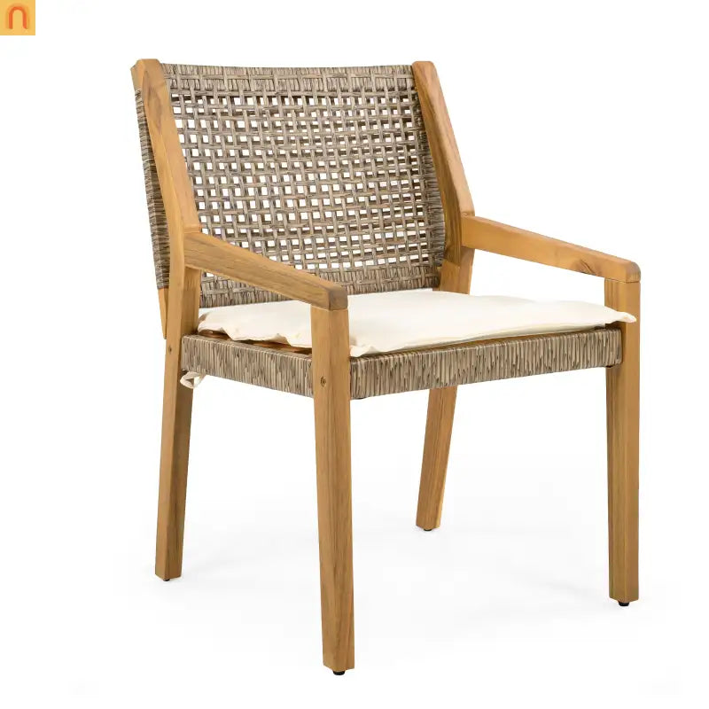Outdoor Dining Chair Acacia Wood and Wicker Cream Cushions Teak Finish Brown