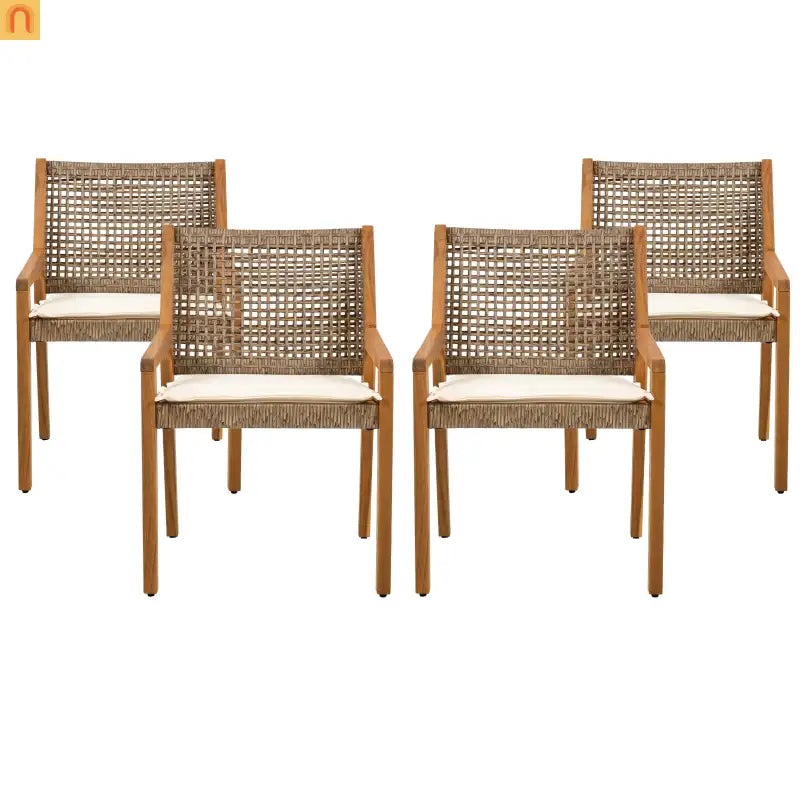 Outdoor Dining Chair Acacia Wood and Wicker Cream Cushions Teak Finish Brown