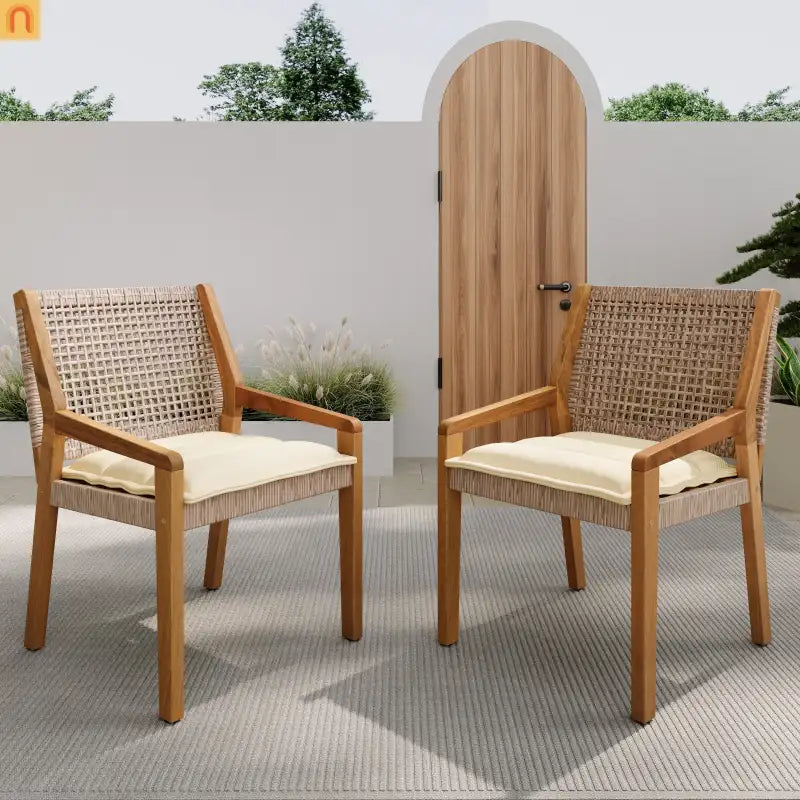 Outdoor Dining Chair Acacia Wood and Wicker Cream Cushions Teak Finish Brown