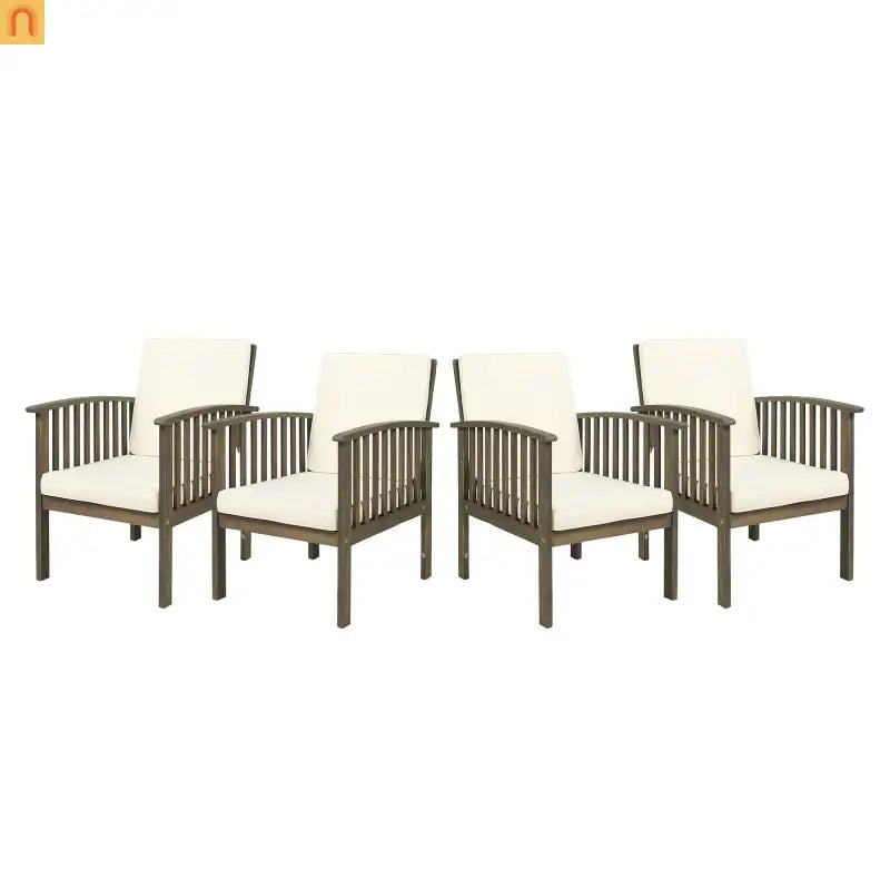 Outdoor Dining Chair Farmhouse Acacia Grey with Cream Cushions Set of 4