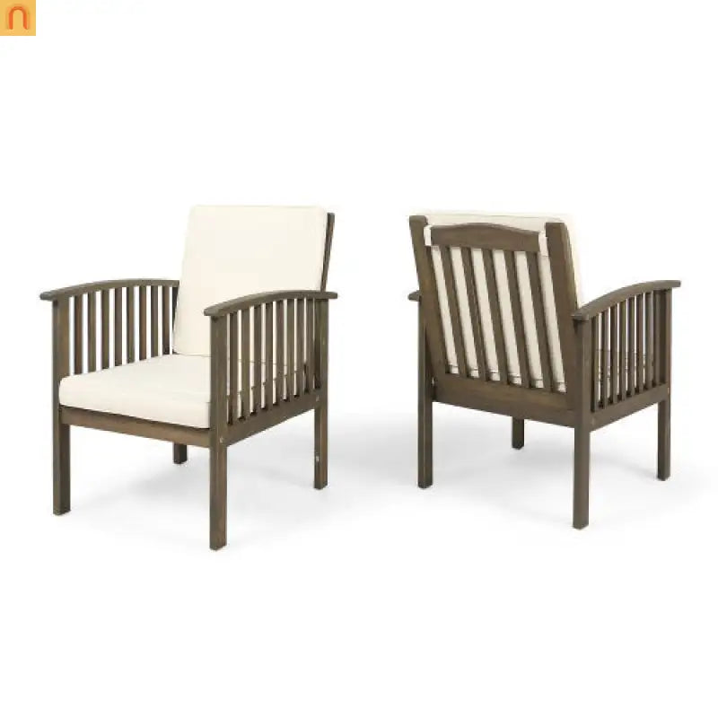 Outdoor Dining Chair Farmhouse Acacia Grey with Cream Cushions Set of 4