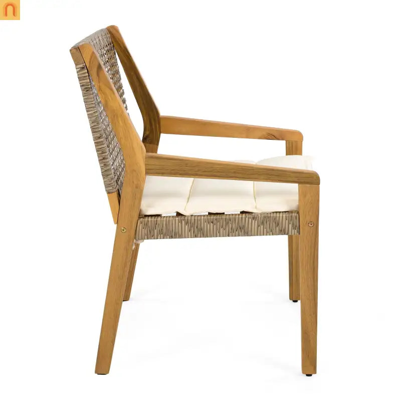 Outdoor Dining Chair Set Teak Finish Acacia Wood and Wicker Cream Cushions