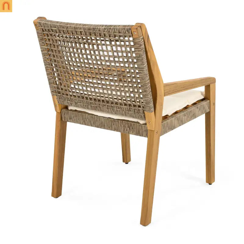 Outdoor Dining Chair Set Teak Finish Acacia Wood and Wicker Cream Cushions