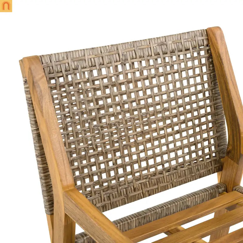 Outdoor Dining Chair Set Teak Finish Acacia Wood and Wicker Cream Cushions