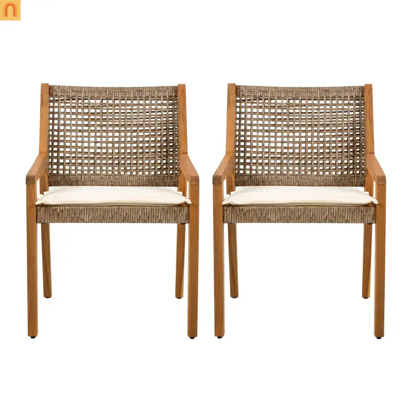 Outdoor Dining Chair Set Teak Finish Acacia Wood and Wicker Cream Cushions