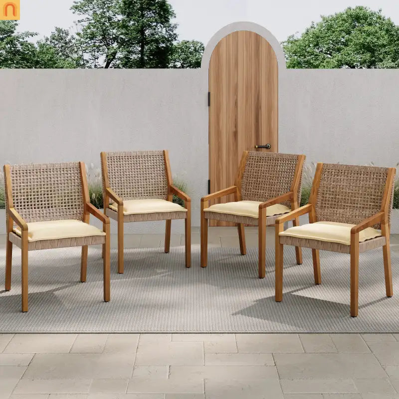 Outdoor Dining Chair Set Teak Finish Acacia Wood and Wicker Cream Cushions