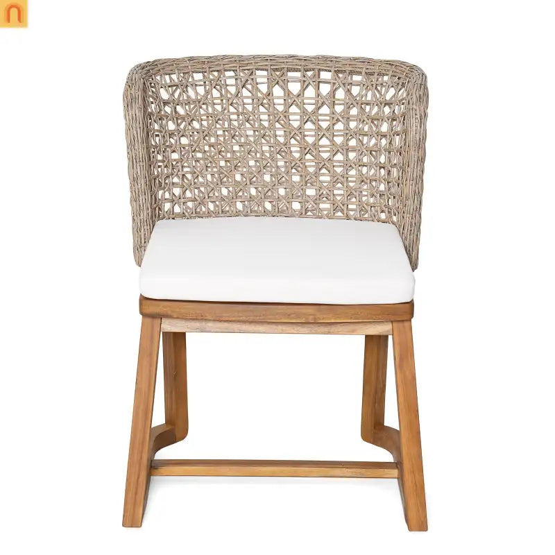 Outdoor Dining Chairs Set of 2 Teak Finish Acacia Wood Beige Cushions Wicker