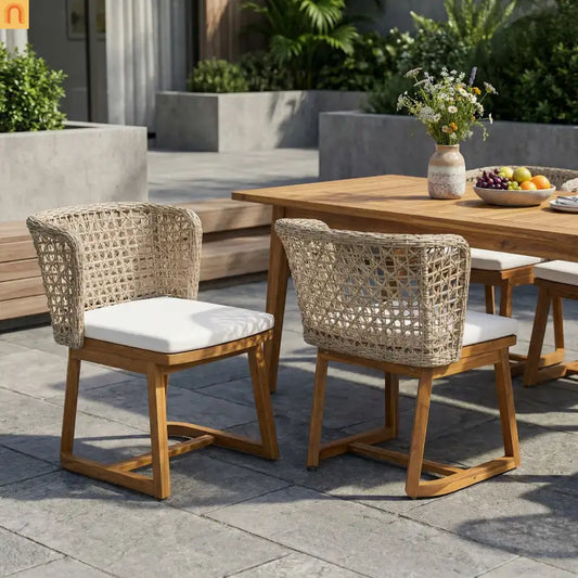 Outdoor Dining Chairs Set of 2 Teak Finish Acacia Wood Beige Cushions Wicker