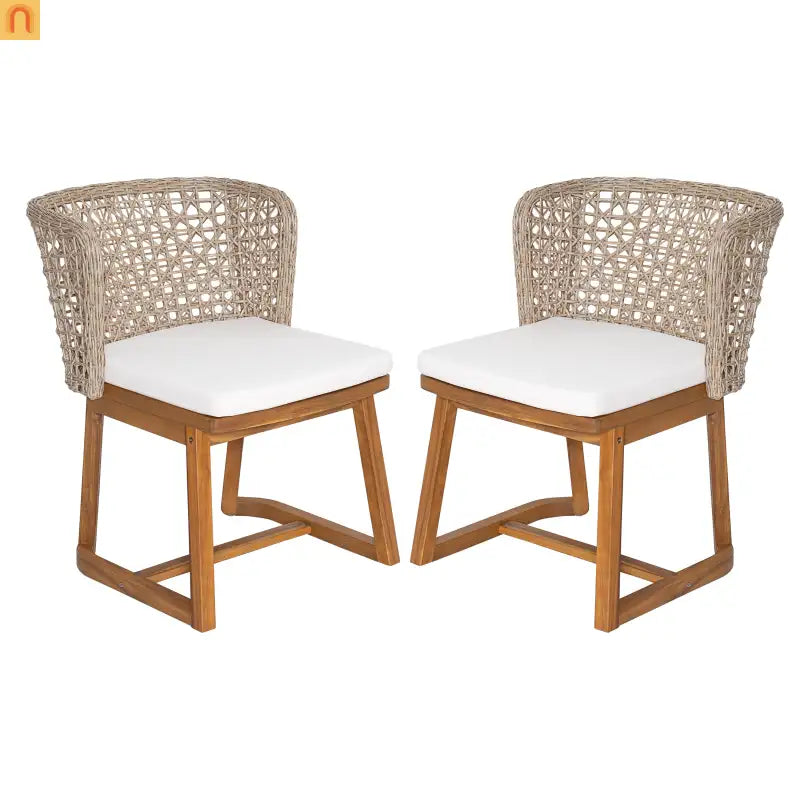 Outdoor Dining Chairs Set of 2 Teak Finish Acacia Wood Beige Cushions Wicker