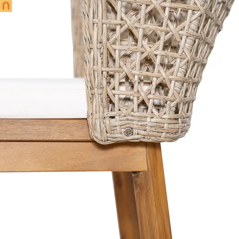 Outdoor Dining Chairs Set of 2 Teak Finish Acacia Wood Beige Cushions Wicker
