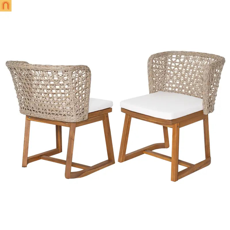 Outdoor Dining Chairs Set of 2 Teak Finish Acacia Wood Beige Cushions Wicker