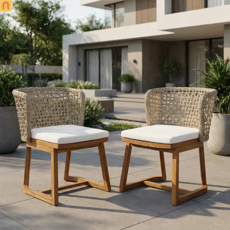 Outdoor Dining Chairs Set of 2 Teak Finish Acacia Wood Beige Cushions Wicker