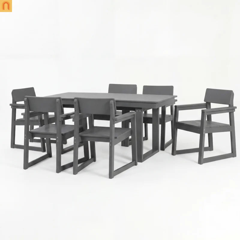 Outdoor Dining Set 6 Person HDPE Gray Weather Resistant Umbrella Hole