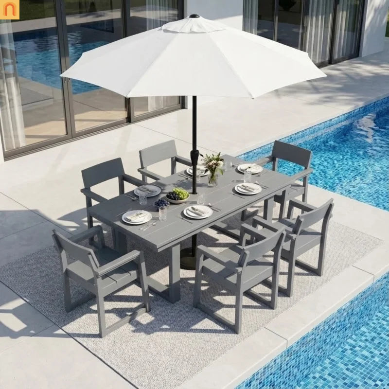 Outdoor Dining Set 6 Person HDPE Gray Weather Resistant Umbrella Hole