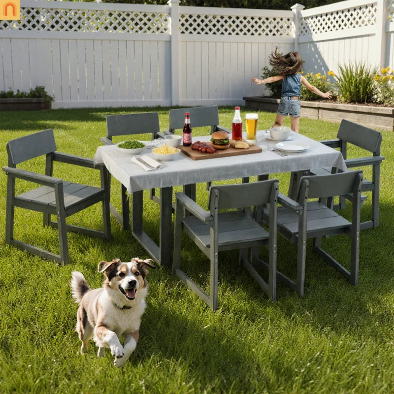 Outdoor Dining Set 6 Person HDPE Gray Weather Resistant Umbrella Hole