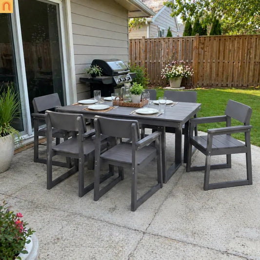 Outdoor Dining Set 6 Person HDPE Gray Weather Resistant Umbrella Hole