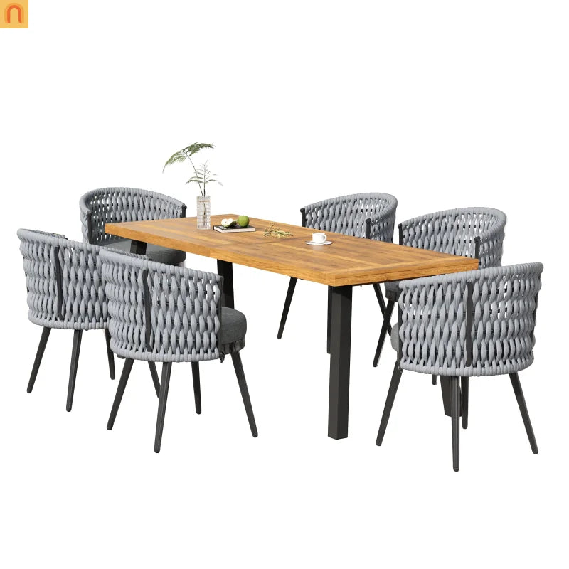 Outdoor Dining Set Acacia Wood Rope Chairs Teak 7 Piece Seats 6