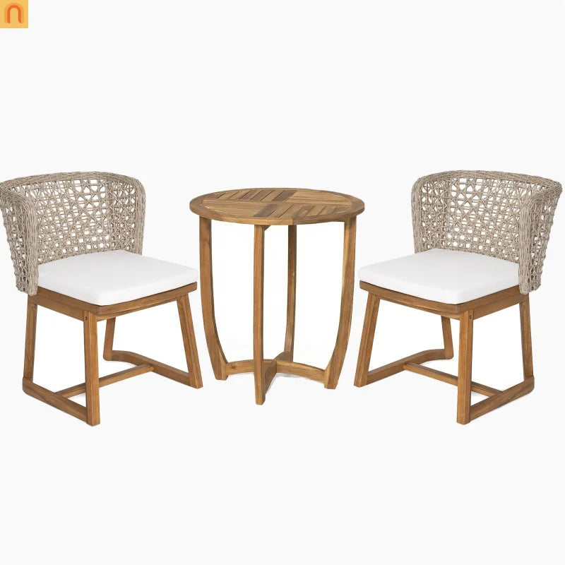Outdoor Dining Set Round Teak Table and 2 Beige Cushioned Wicker Chairs