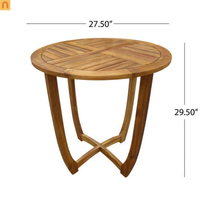 Outdoor Dining Set Round Teak Table and 2 Beige Cushioned Wicker Chairs