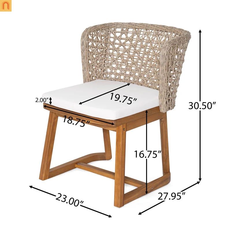 Outdoor Dining Set Round Teak Table and 2 Beige Cushioned Wicker Chairs