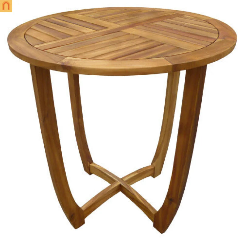 Outdoor Dining Set Round Teak Table and 2 Beige Cushioned Wicker Chairs