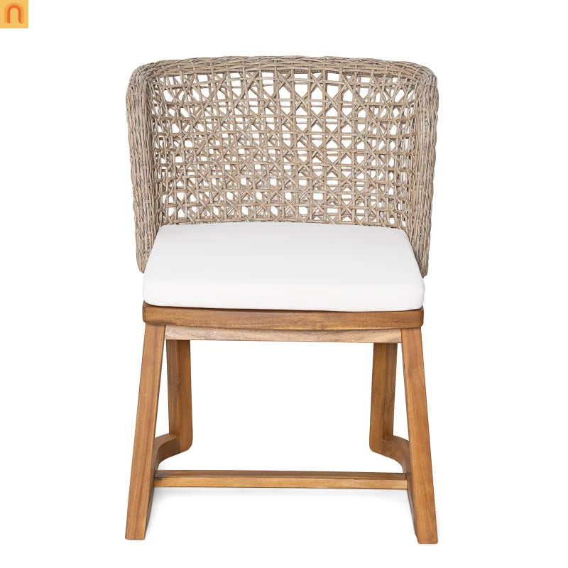 Outdoor Dining Set Round Teak Table and 2 Beige Cushioned Wicker Chairs