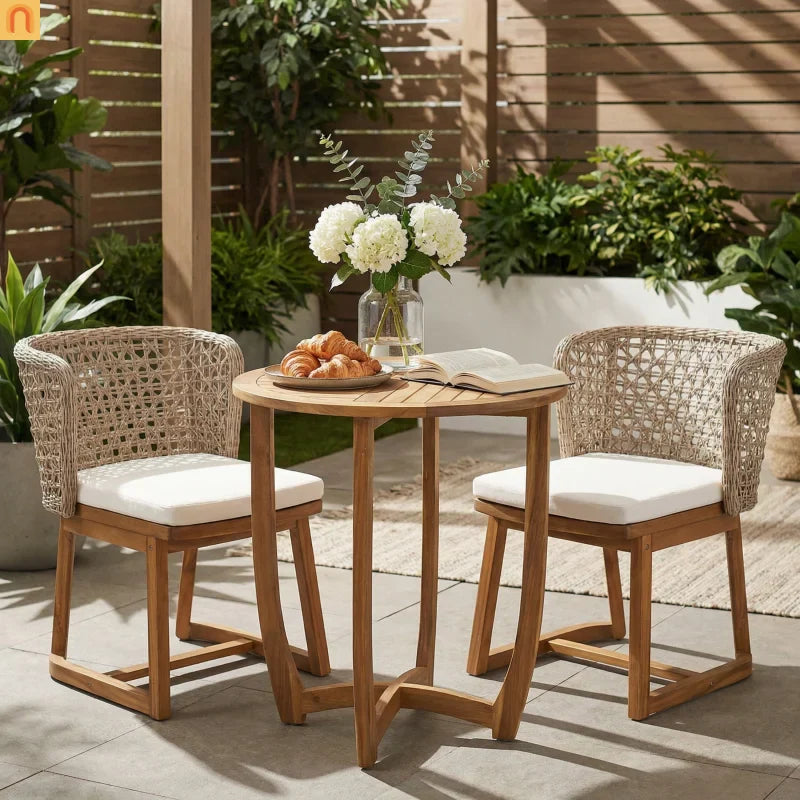 Outdoor Dining Set Round Teak Table and 2 Beige Cushioned Wicker Chairs