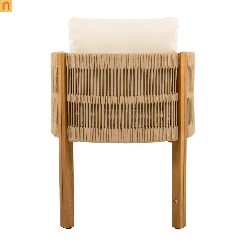 Outdoor Dining Set Round Teak Table with 4 Rope Handles Chairs 5 Piece