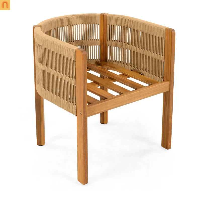 Outdoor Dining Set Round Teak Table with 4 Rope Handles Chairs 5 Piece