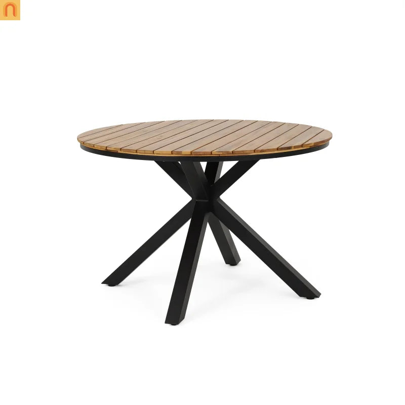 Outdoor Dining Set Round Teak Table with 4 Rope Handles Chairs 5 Piece