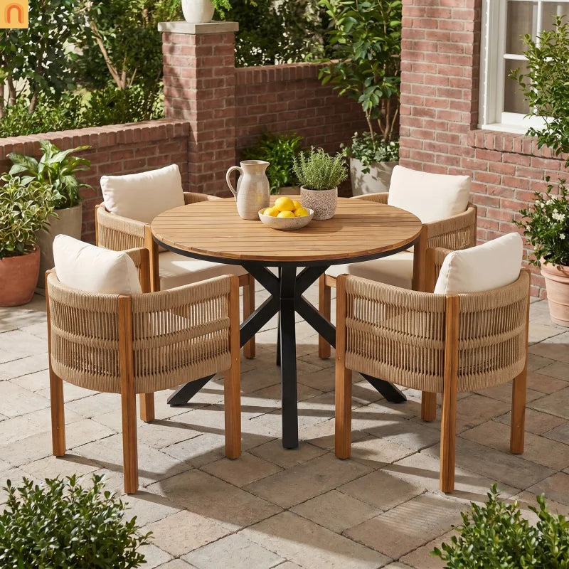 Outdoor Dining Set Round Teak Table with 4 Rope Handles Chairs 5 Piece