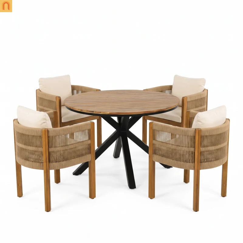 Outdoor Dining Set Round Teak Table with 4 Rope Handles Chairs 5 Piece
