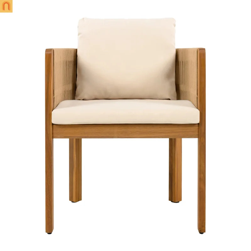 Outdoor Dining Set Round Teak Table with 4 Rope Handles Chairs 5 Piece