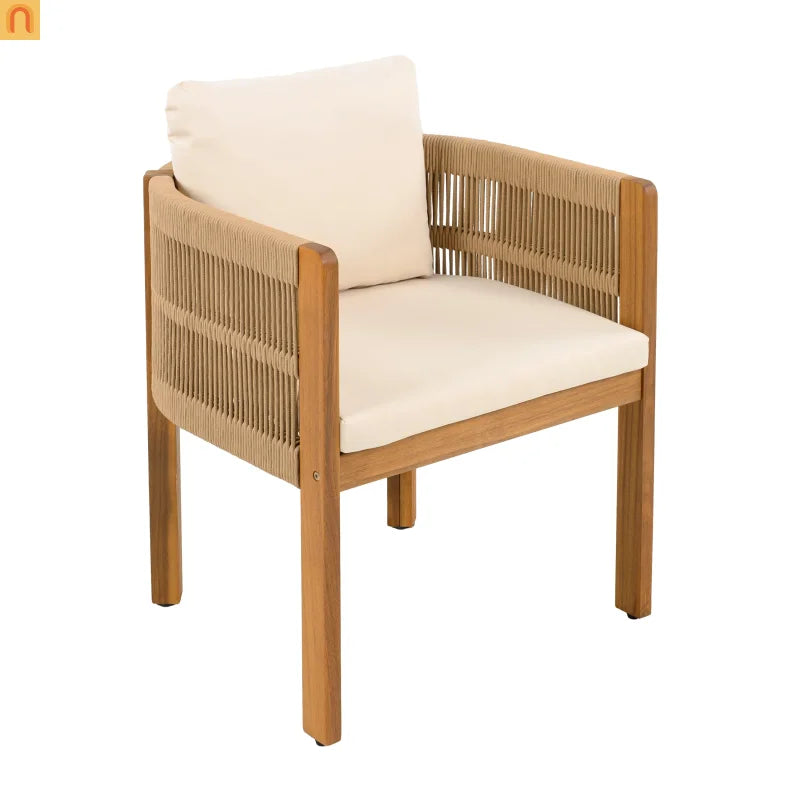 Outdoor Dining Set Round Teak Table with 4 Rope Handles Chairs 5 Piece