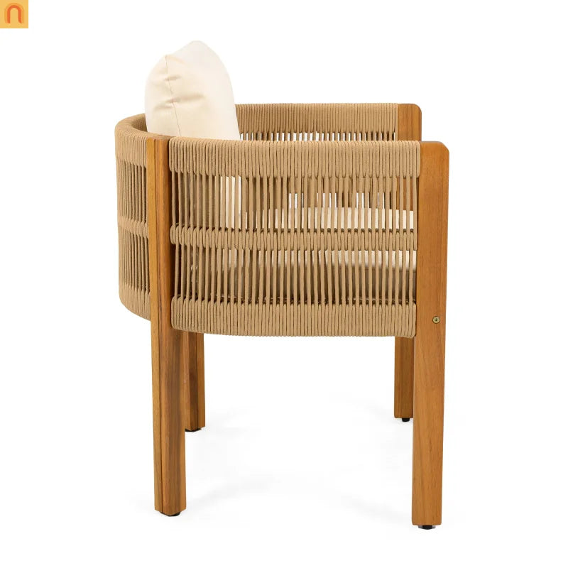 Outdoor Dining Set Round Teak Table with 4 Rope Handles Chairs 5 Piece