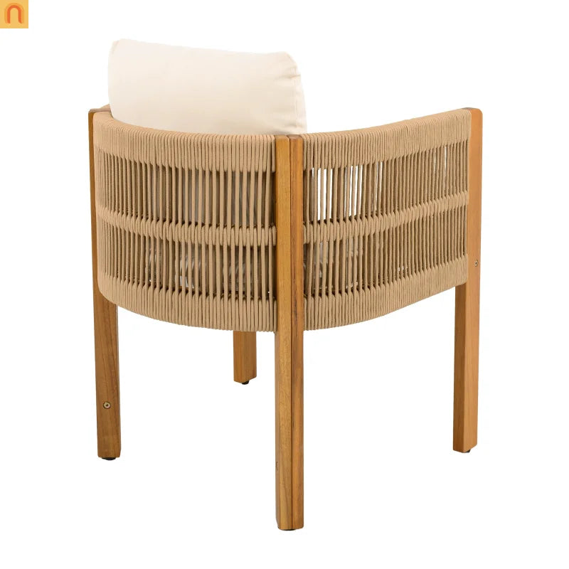 Outdoor Dining Set Round Teak Table with 4 Rope Handles Chairs 5 Piece