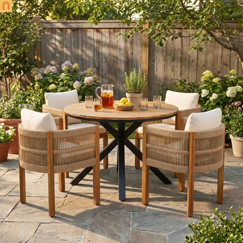 Outdoor Dining Set Round Teak Table with 4 Rope Handles Chairs 5 Piece