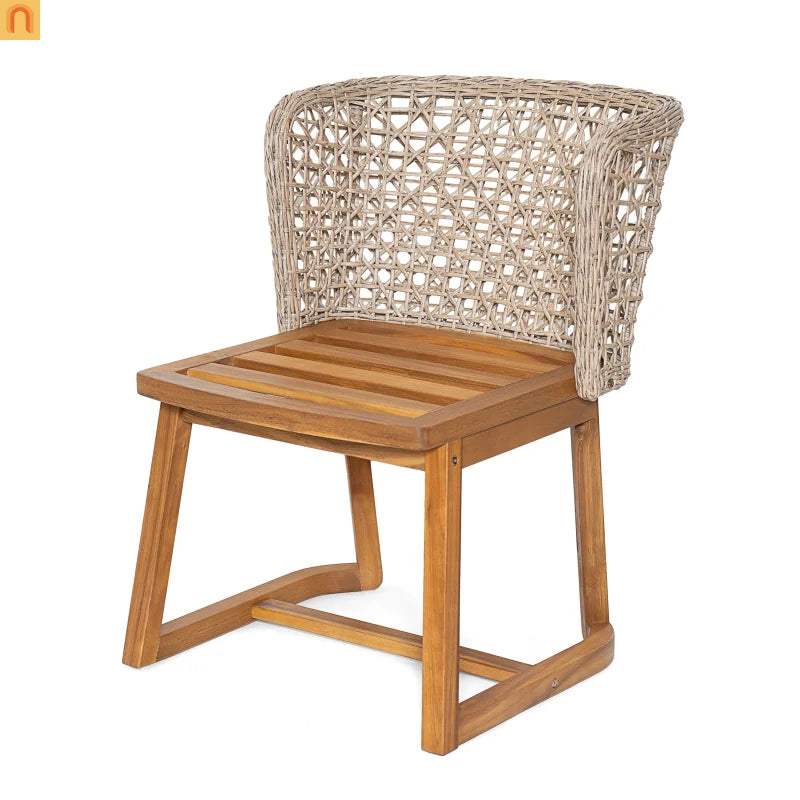 Outdoor Dining Set with Acacia Table and Wicker Chairs and Beige Cushions