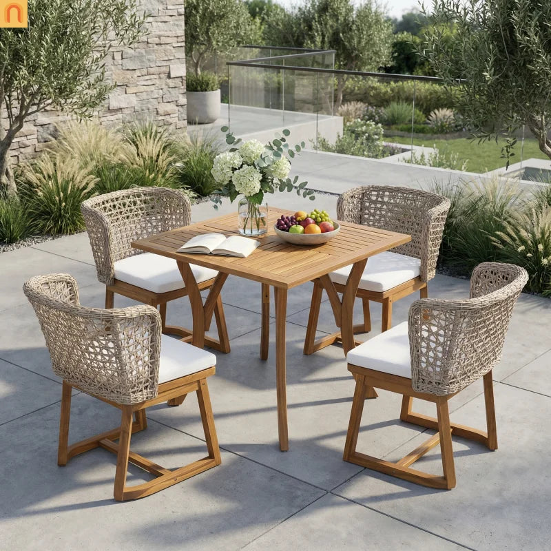 Outdoor Dining Set with Acacia Table and Wicker Chairs and Beige Cushions